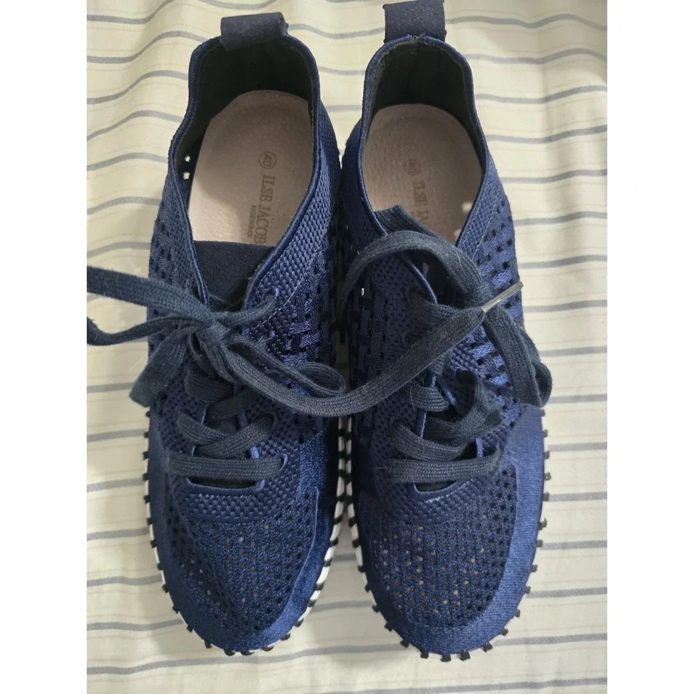 ISLE JACOBSEN Navy TULIP LACE UP PLATFORM SNEAKER SHOES Sz 40 US 9 EUC
